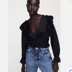 Zara Black Ruffle Long Sleeve Top
